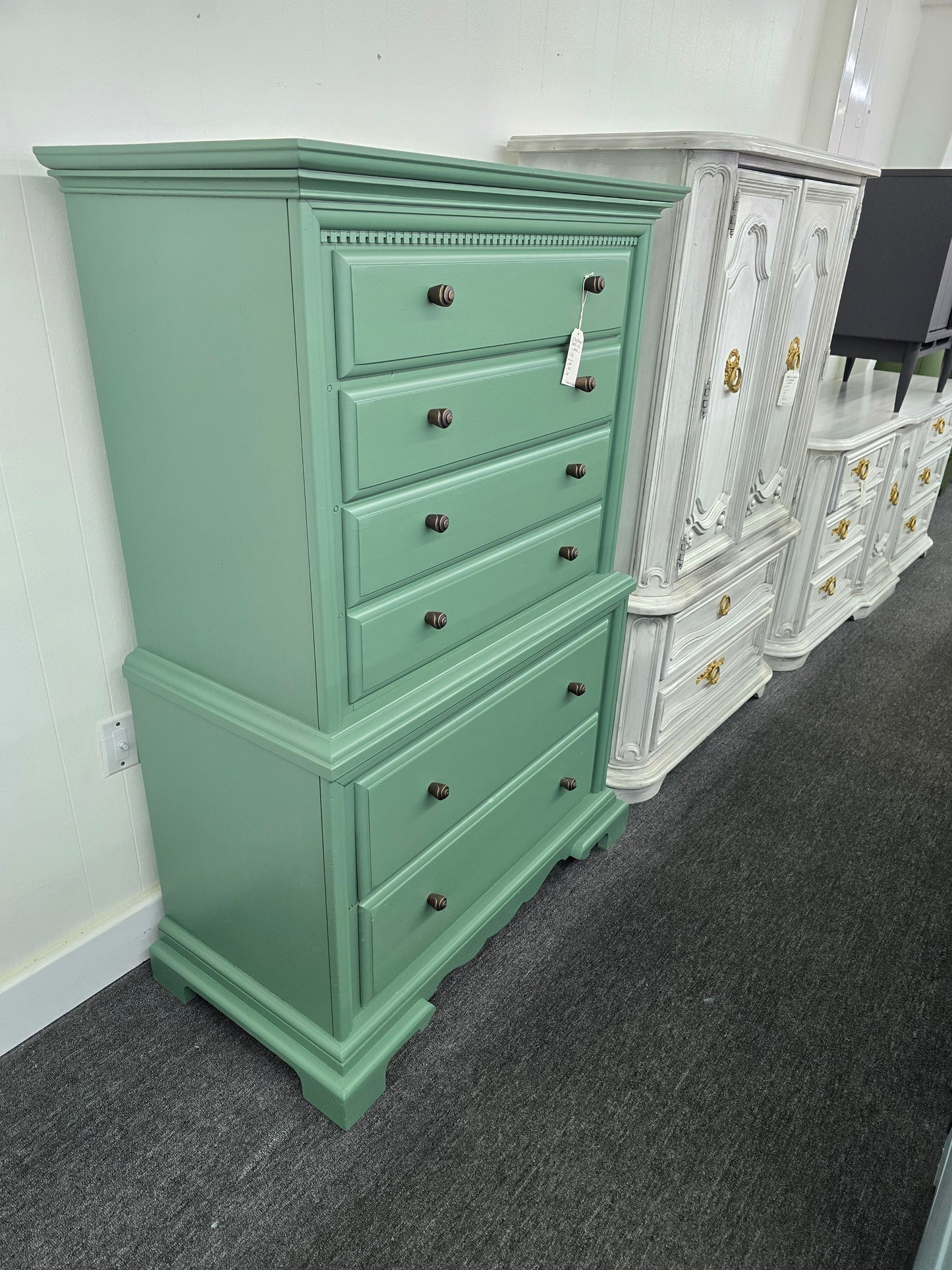 Solid wood green tall chest