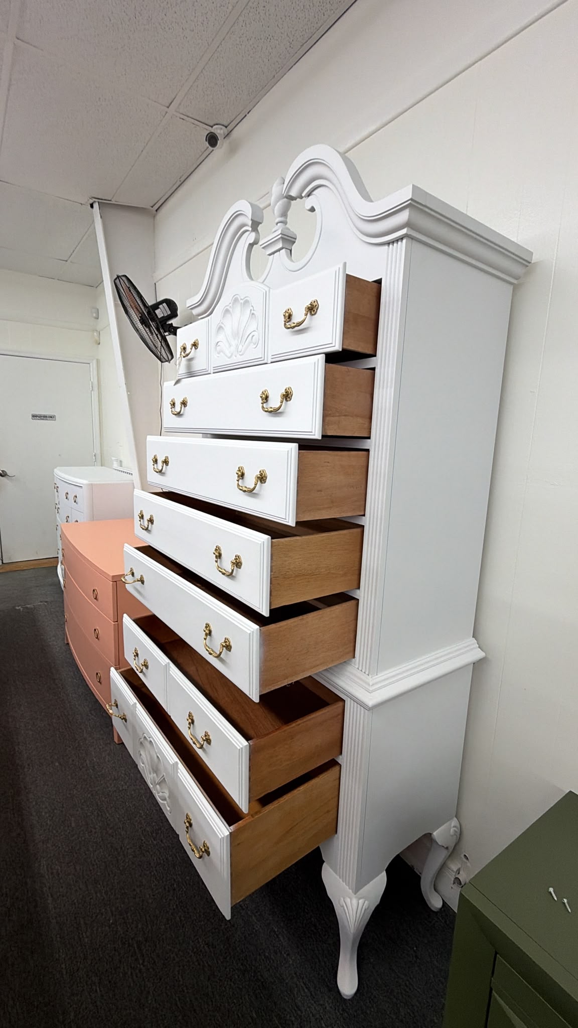 Vintage white lacquered bonnet chest