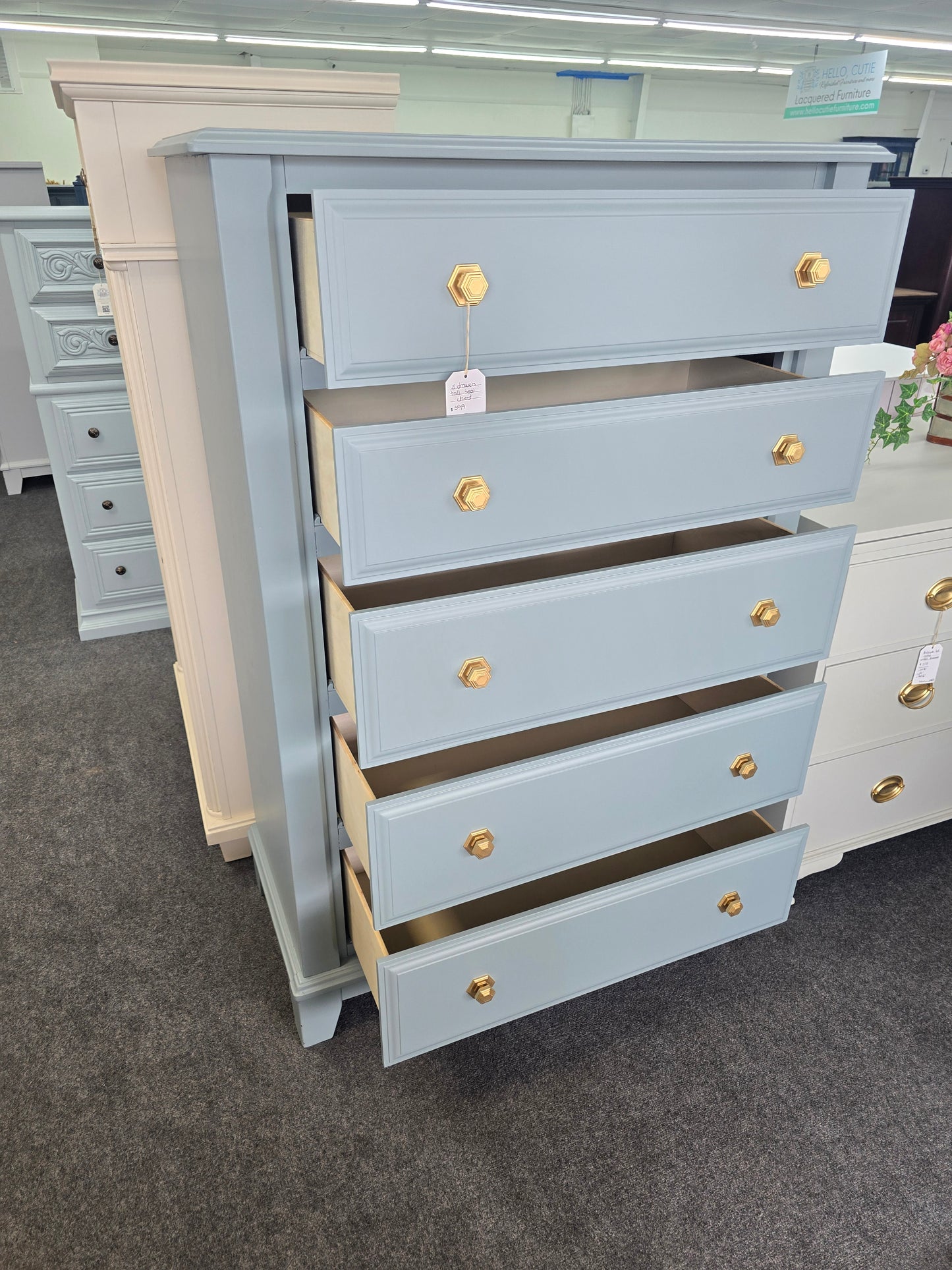 Teal chest with hexagonal knobs