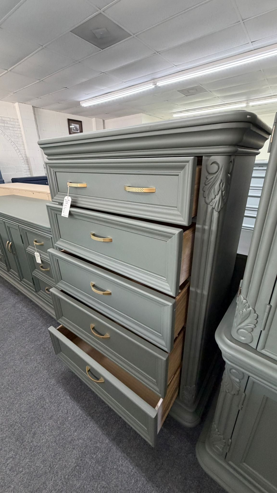 Pewter green carved chest