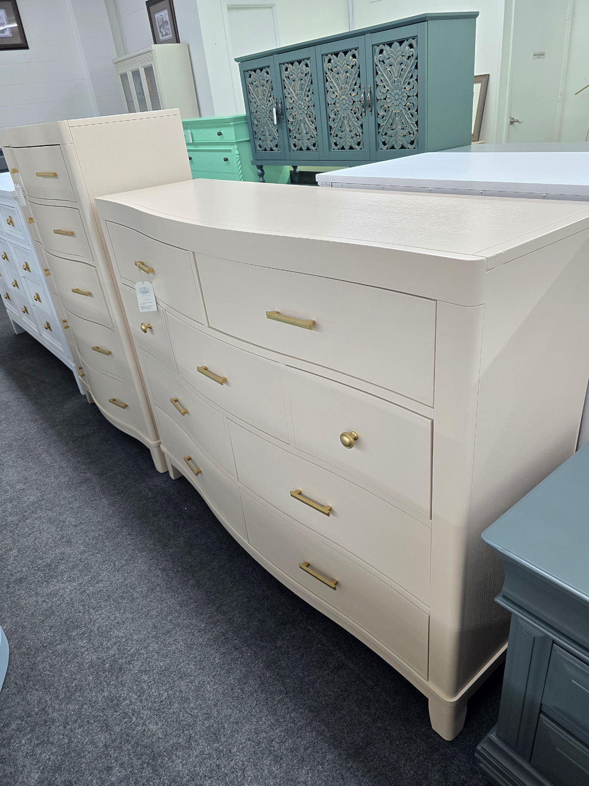Cream lacquered bowfront dresser