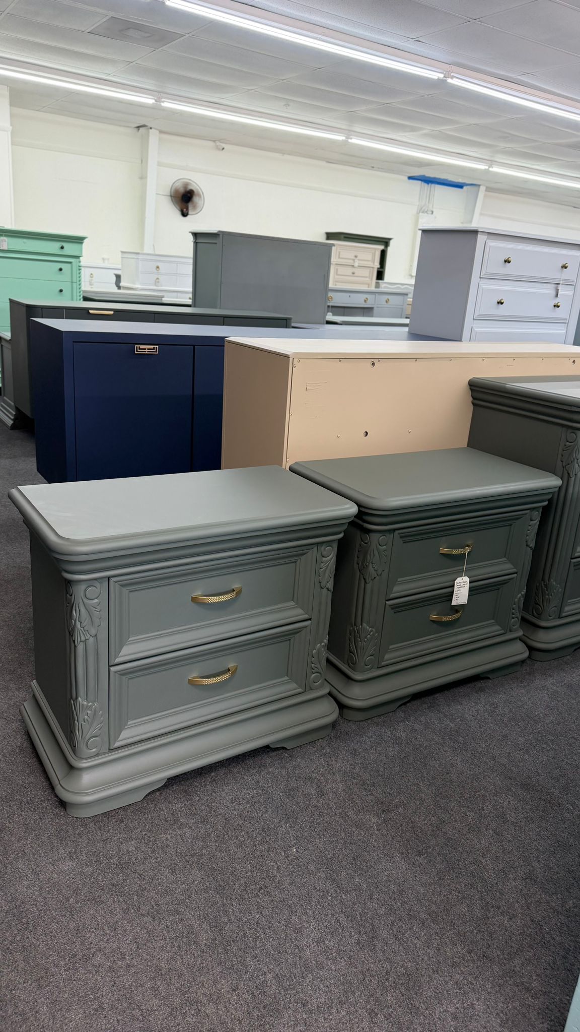 Pewter green pair of nightstands