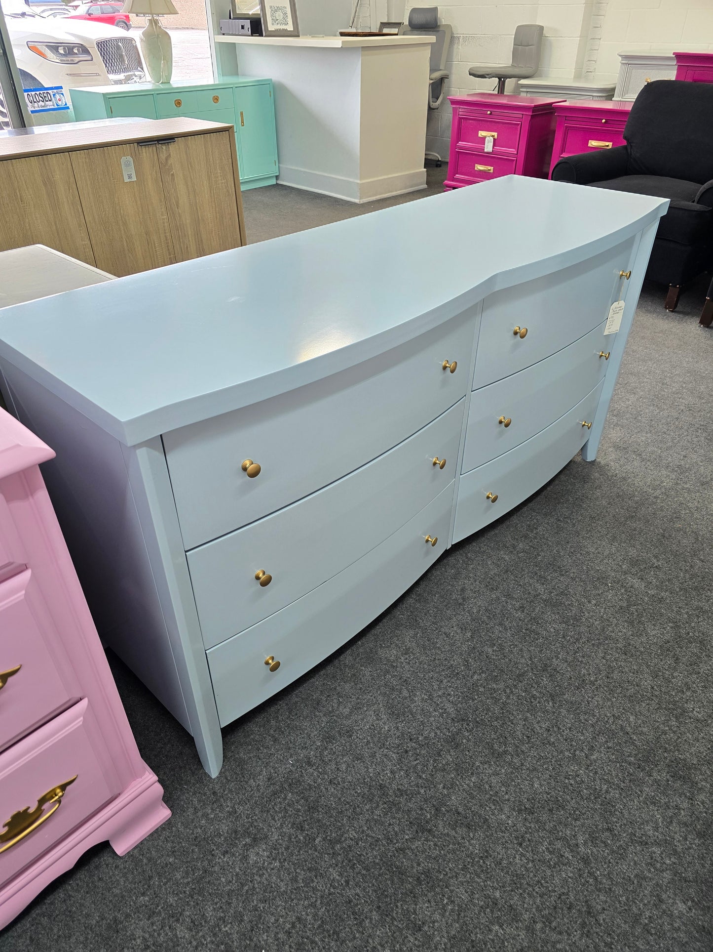 Blue lacquer 6 drawers dresser