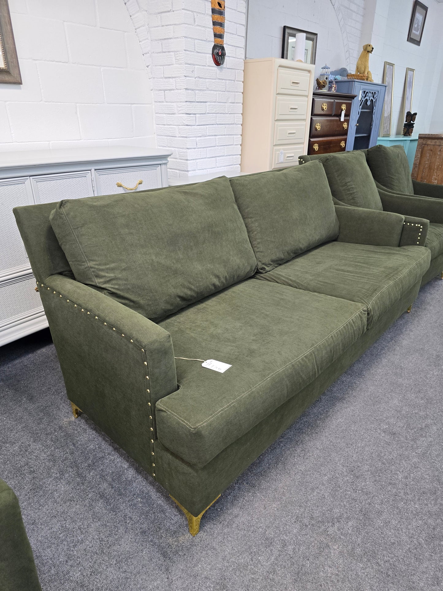 Olive green re upholstered sofa