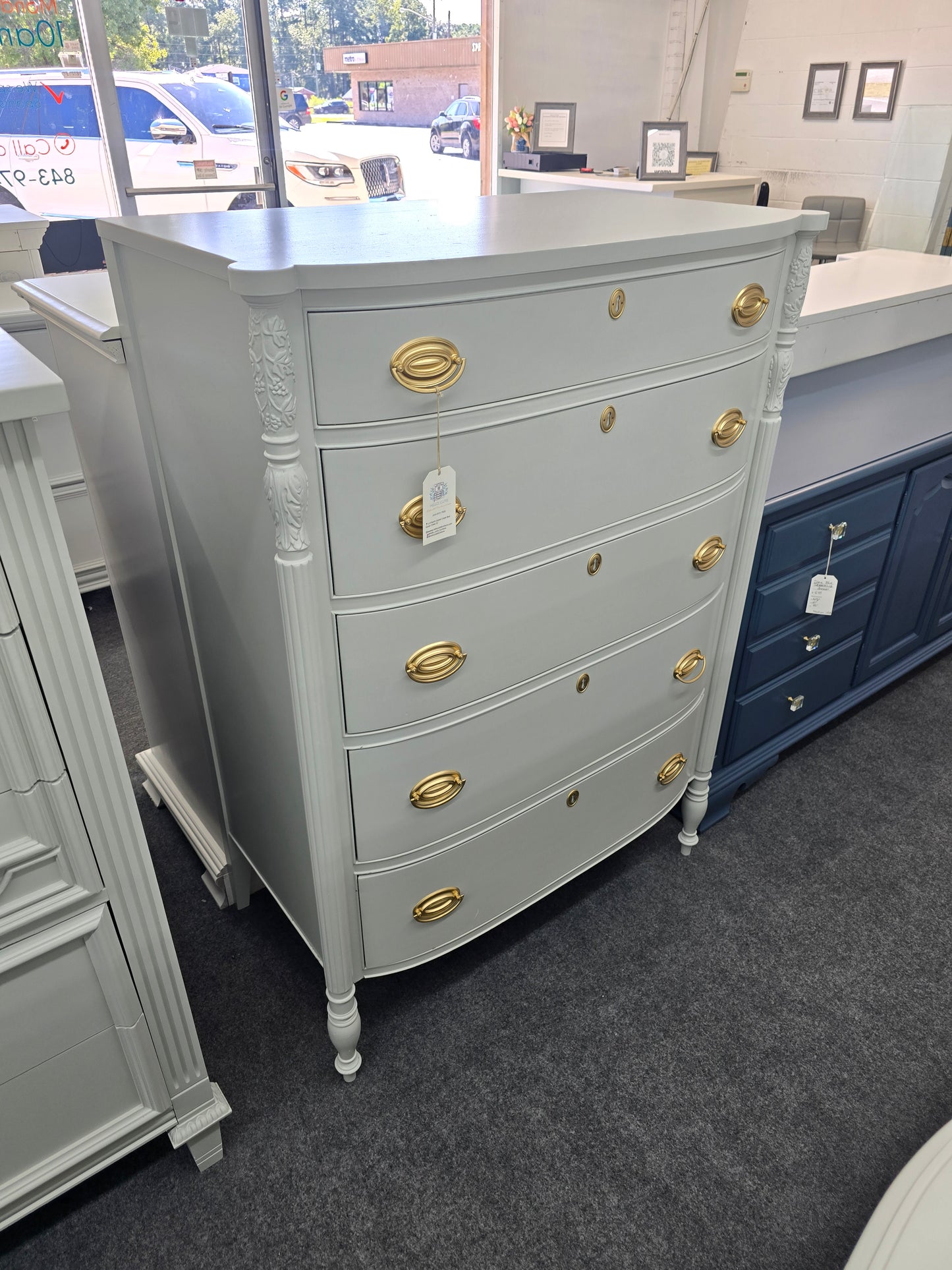 Gray solid wood bowfront chest
