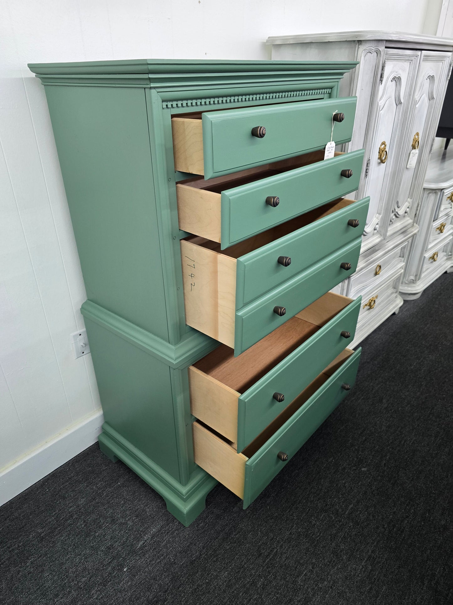 Solid wood green tall chest