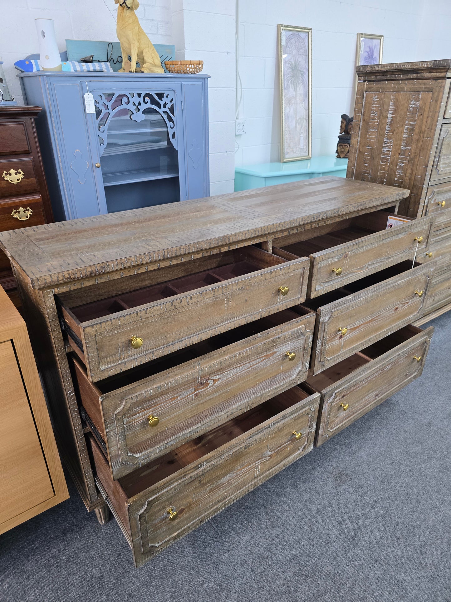 Rustic wood washed 6 drawers dresser