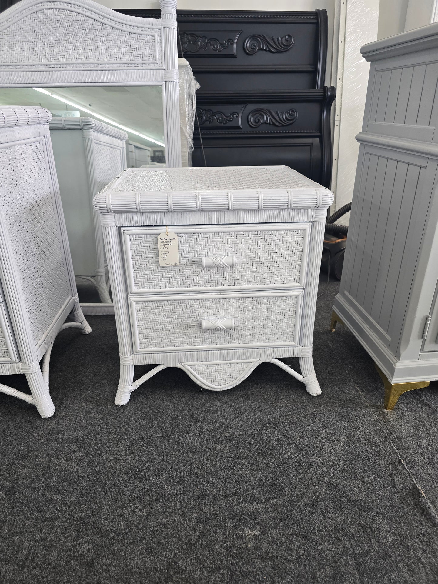 White lacquered bamboo & rattan nightstand