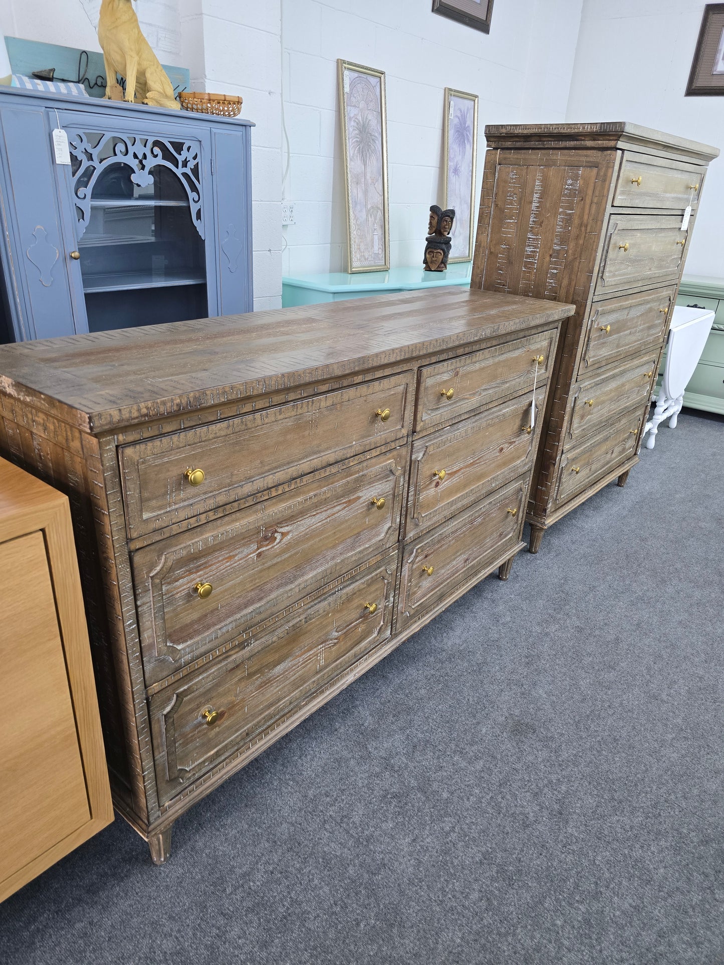 Rustic wood washed 6 drawers dresser