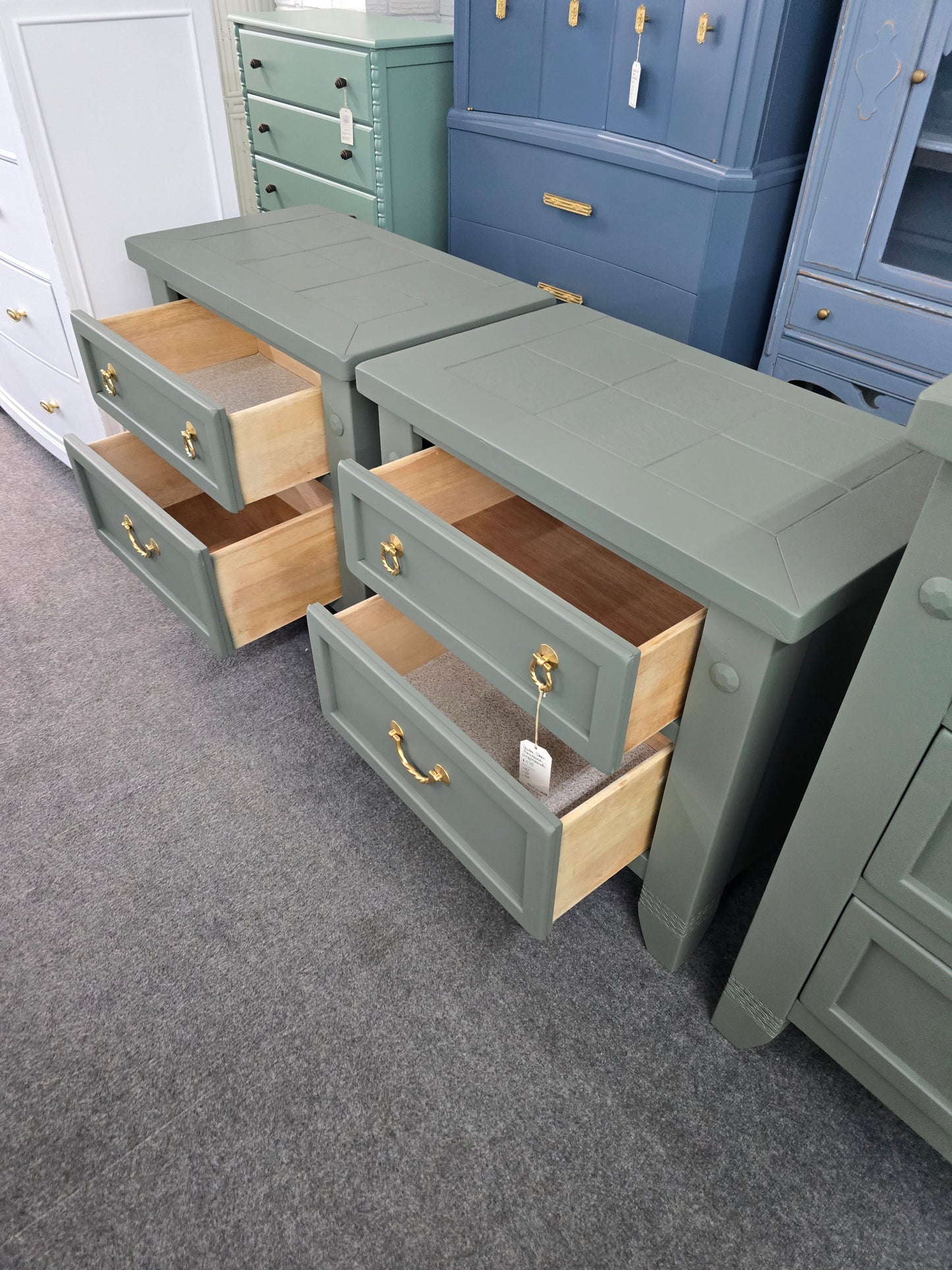 Pewter green farmhouse pair of nightstands