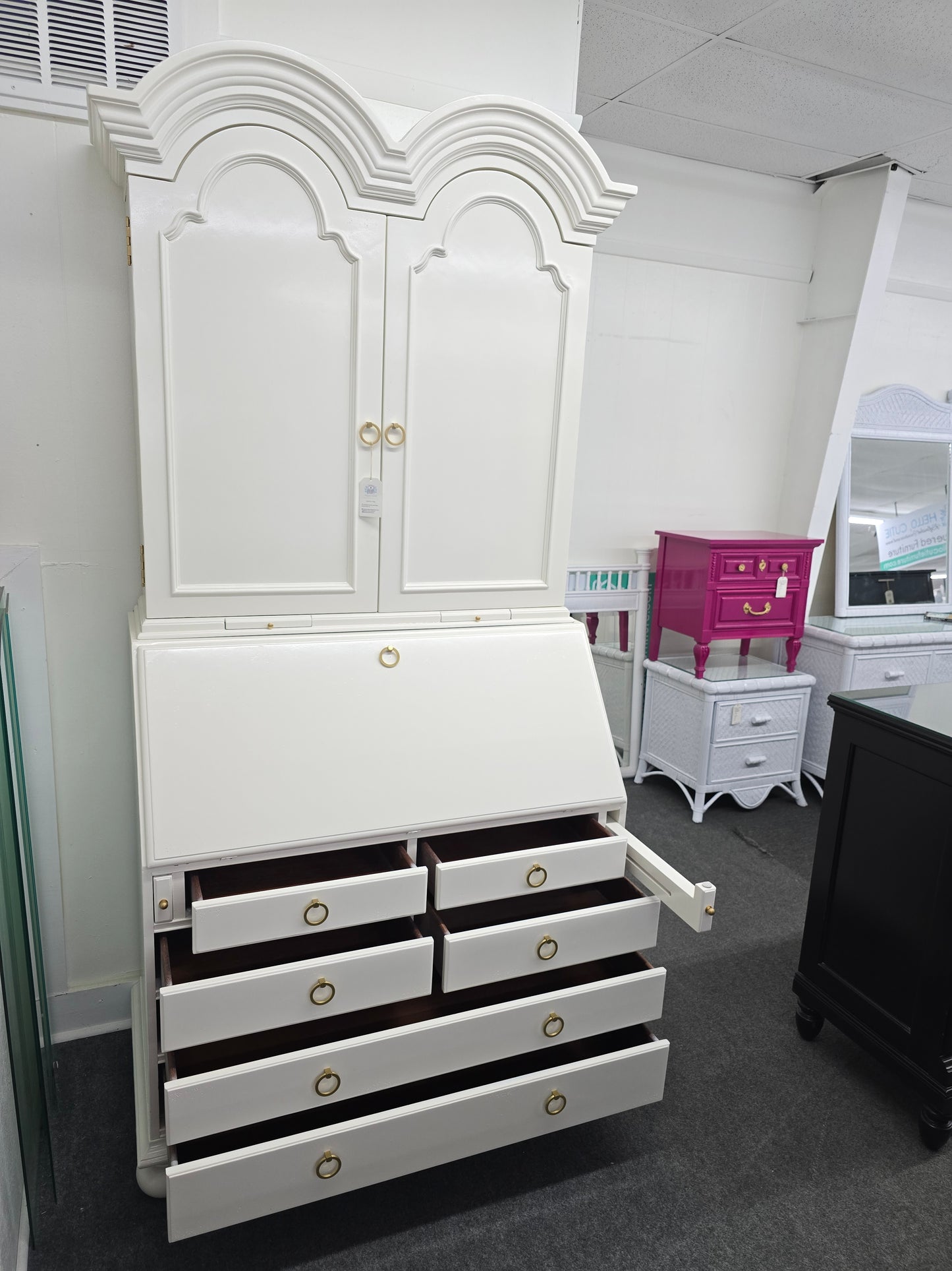 Off white lacquered tall secretary desk