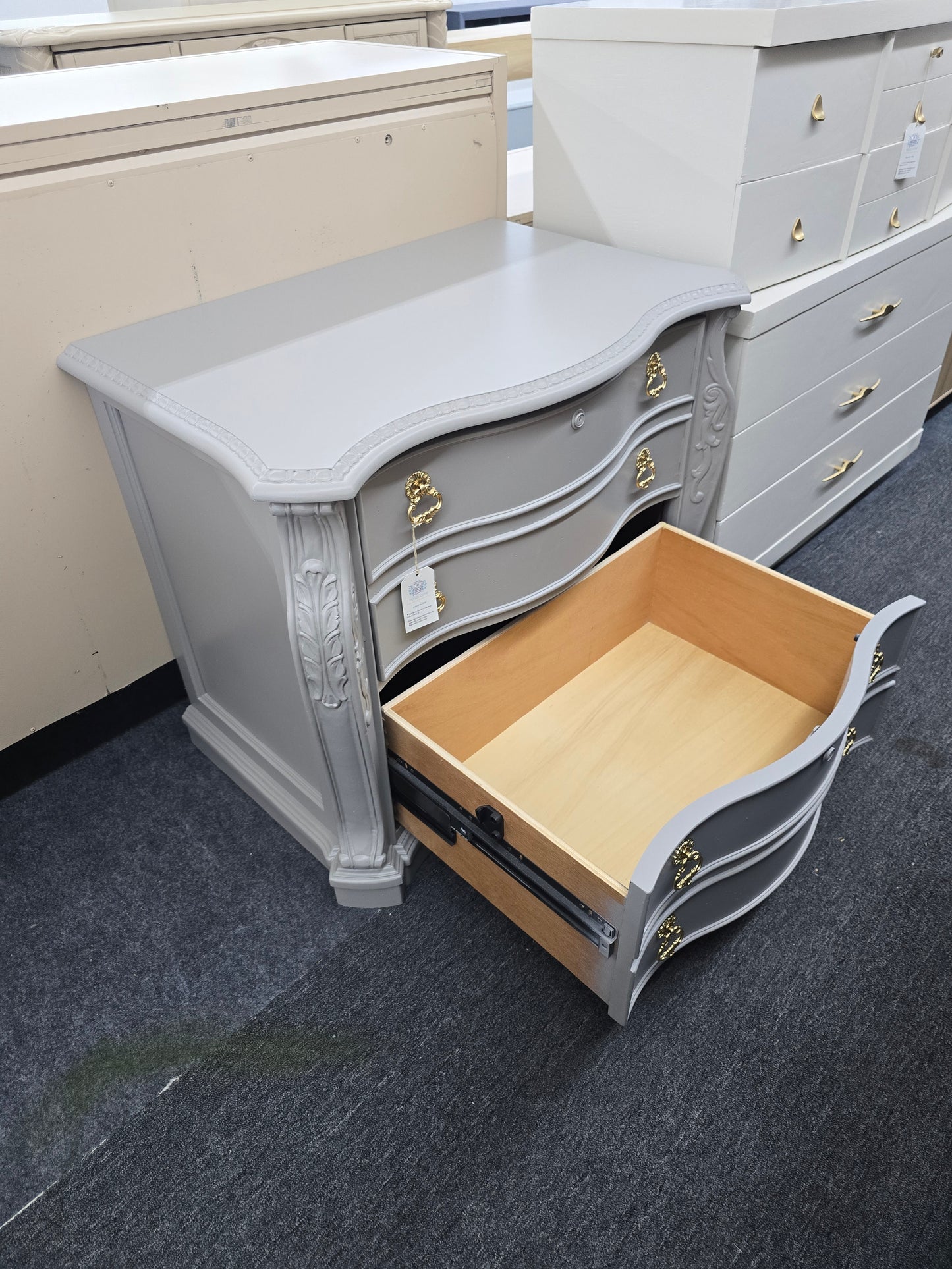 Light gray carved chest / file cabinet