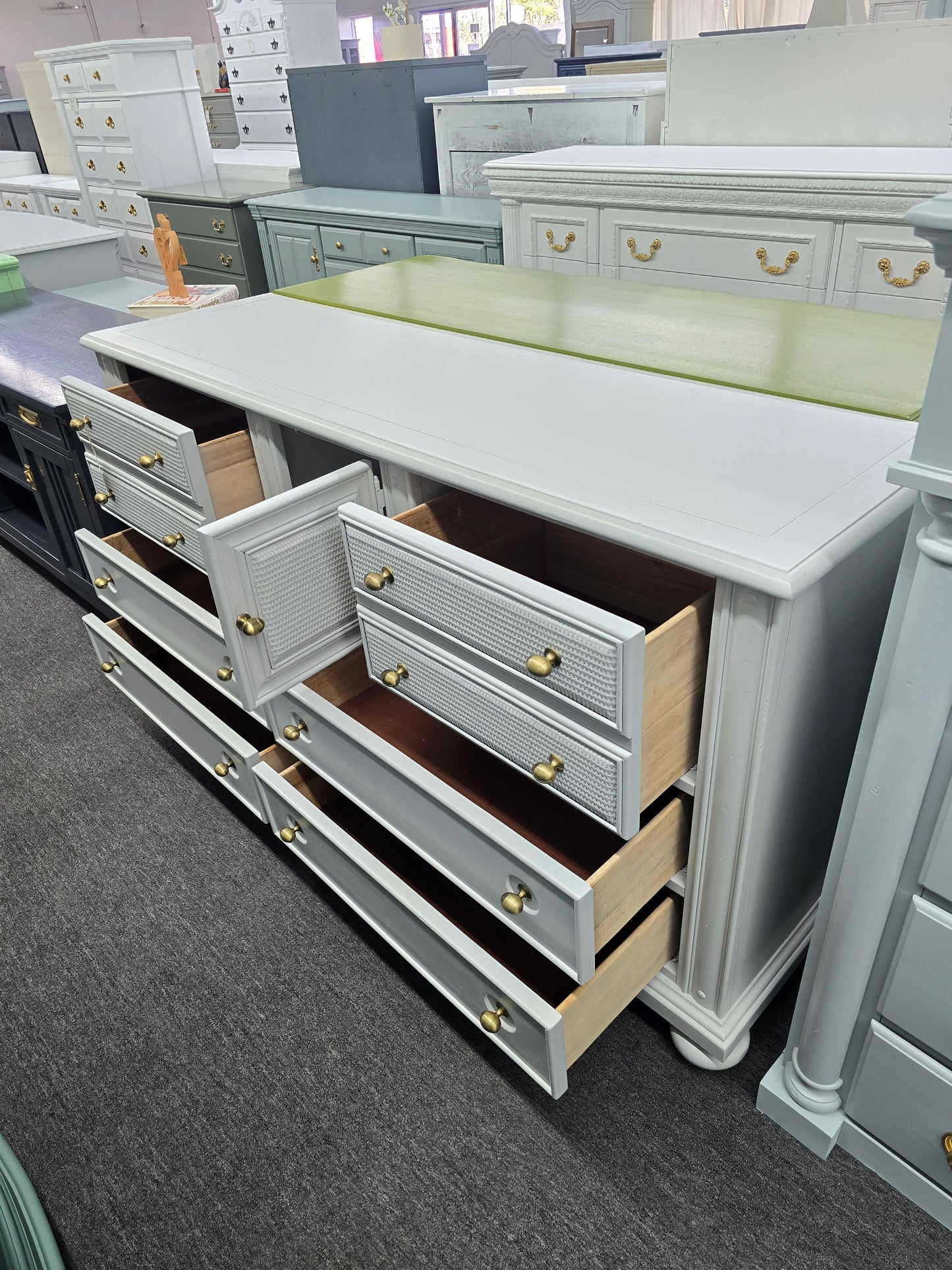 Beautiful gray dresser 6 drawers 1 door rattan drawers