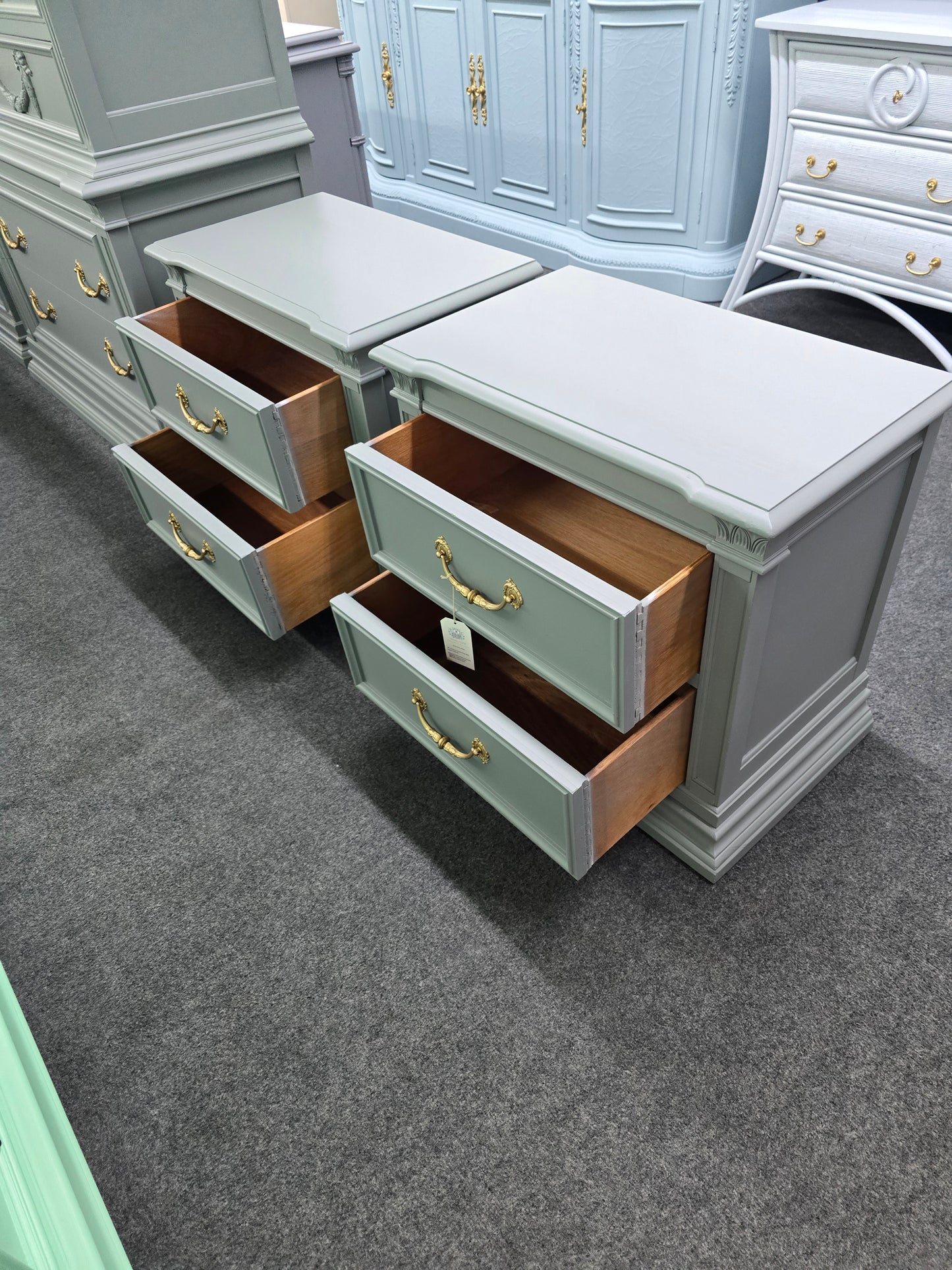 Bassett vintage green gray pair of nightstands