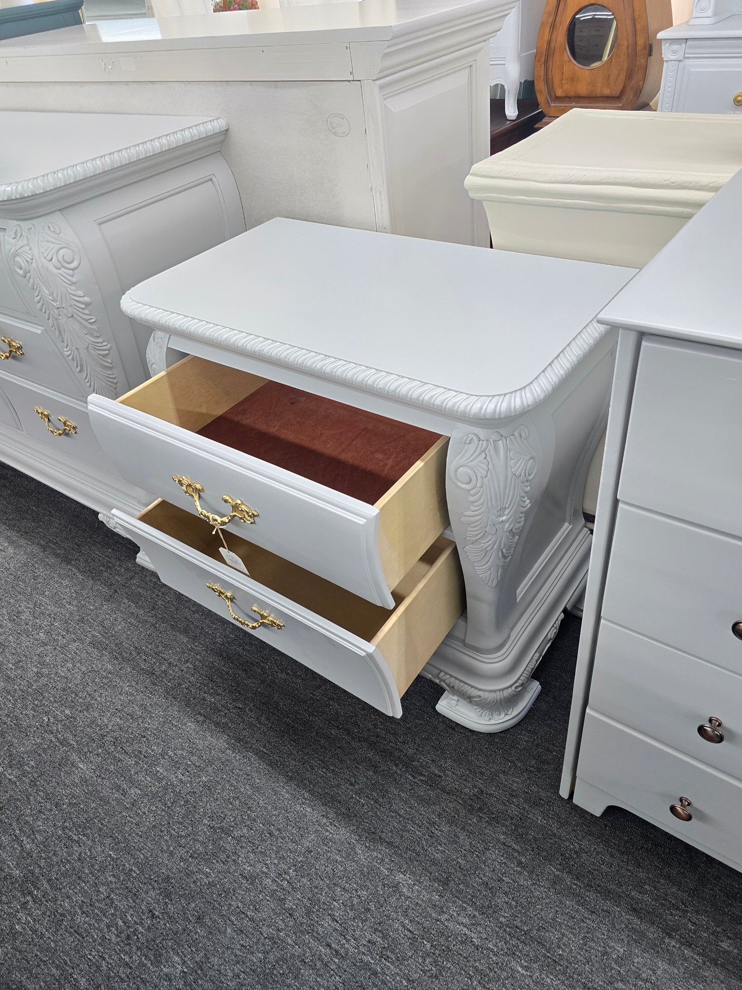 Gorgeous carved gray nightstand