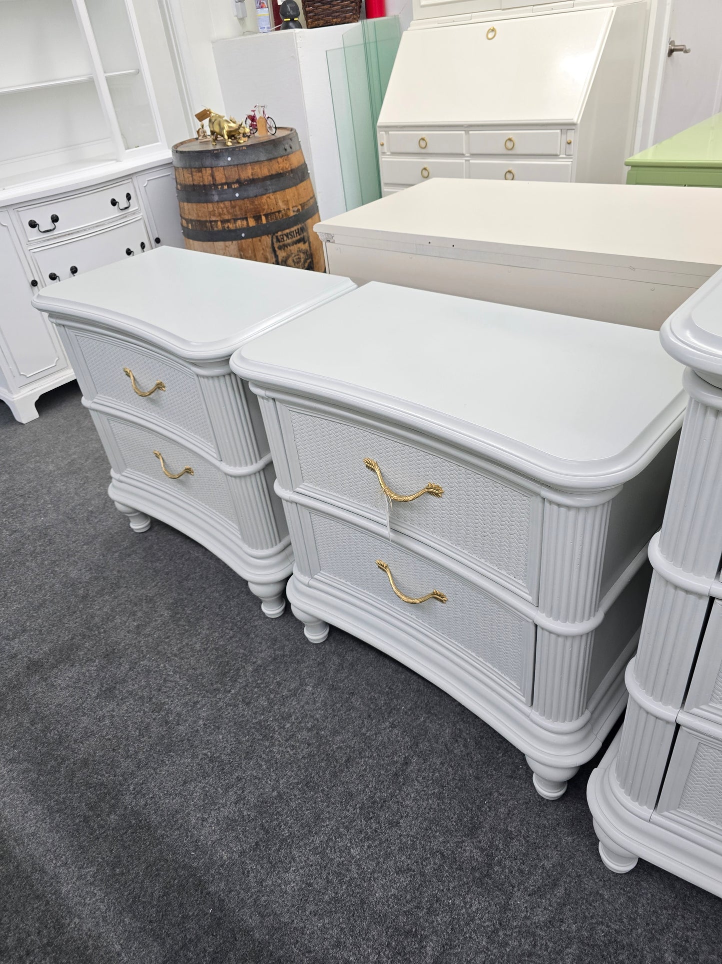 Kathy Ireland gray rattan pair of nightstands