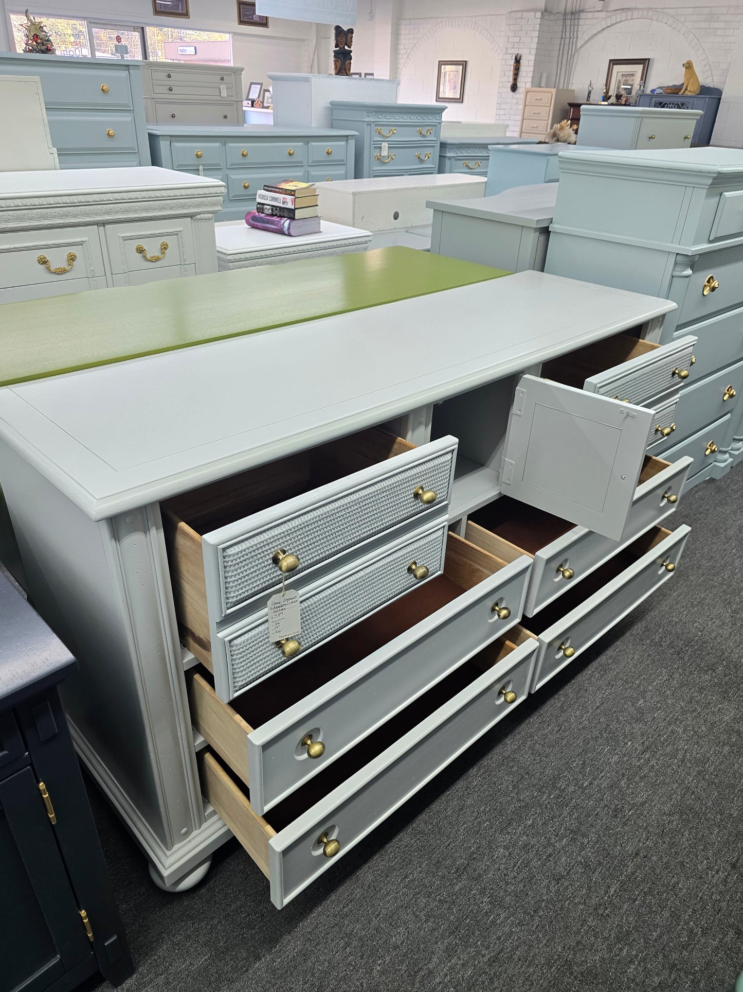 Beautiful gray dresser 6 drawers 1 door rattan drawers