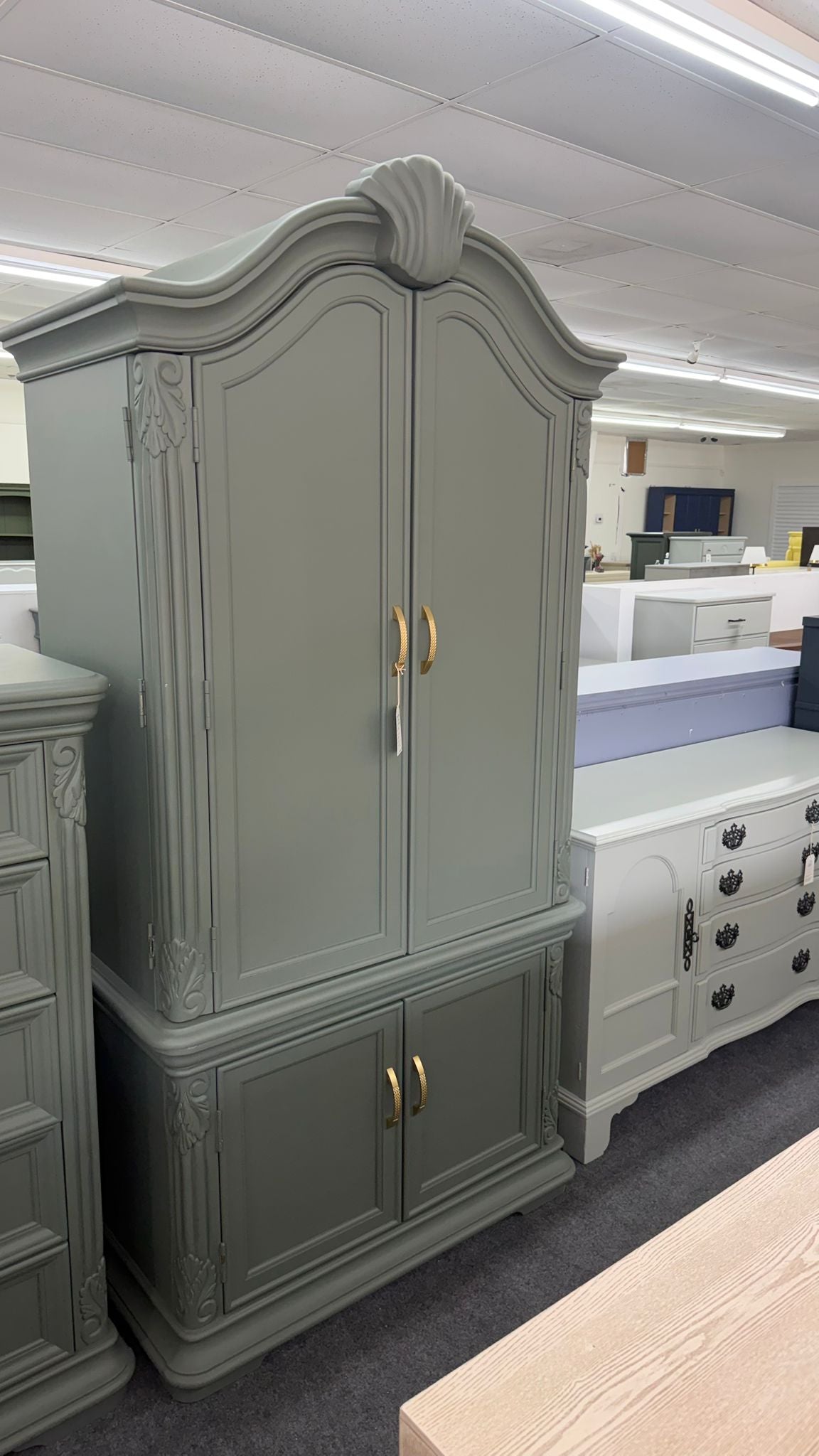Pewter green carved armoire