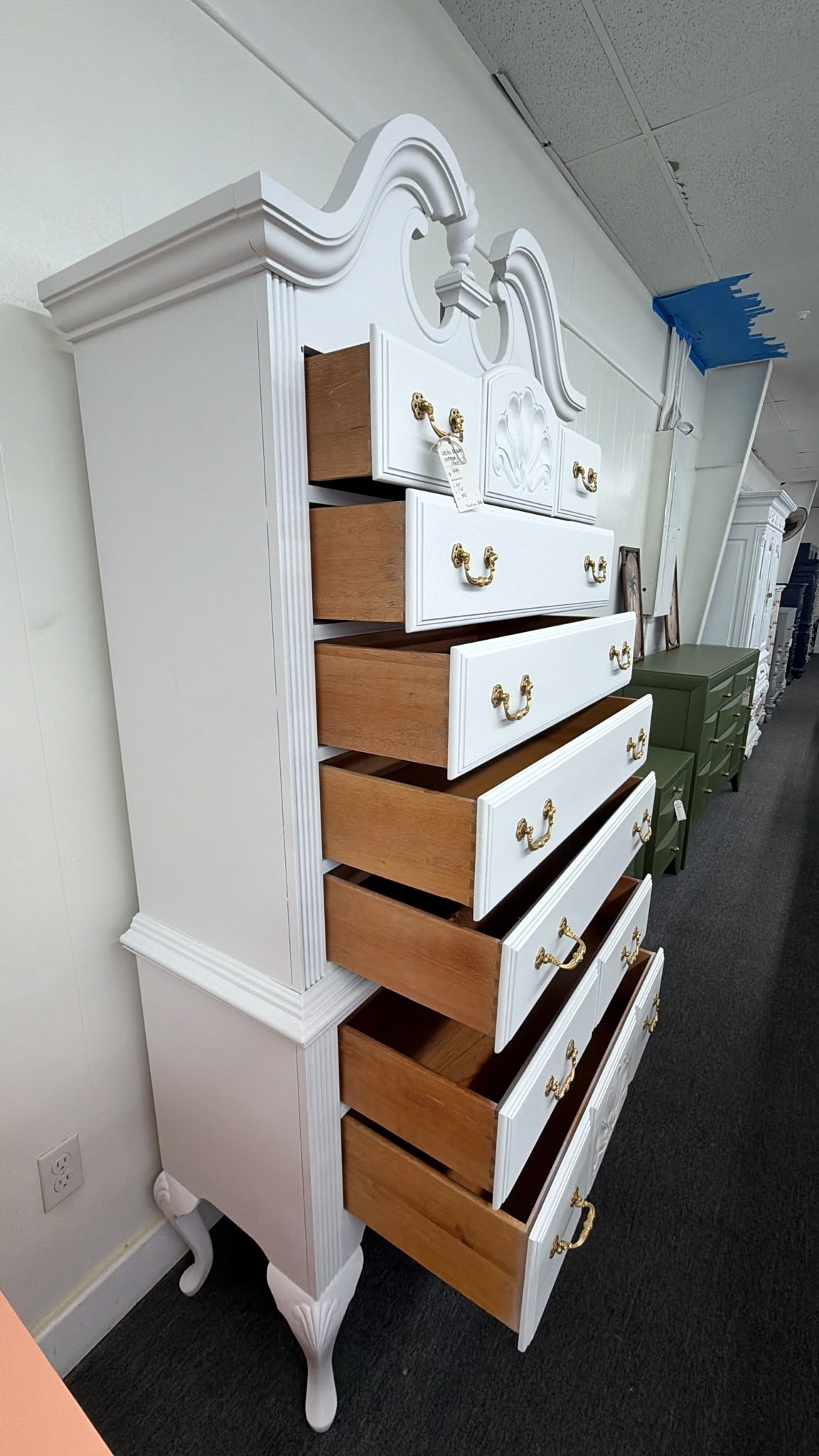 Vintage white lacquered bonnet chest