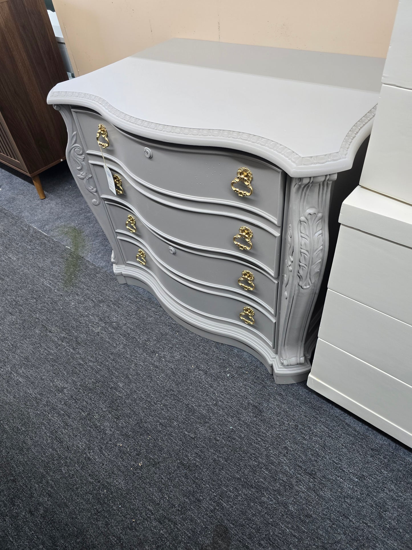 Light gray carved chest / file cabinet