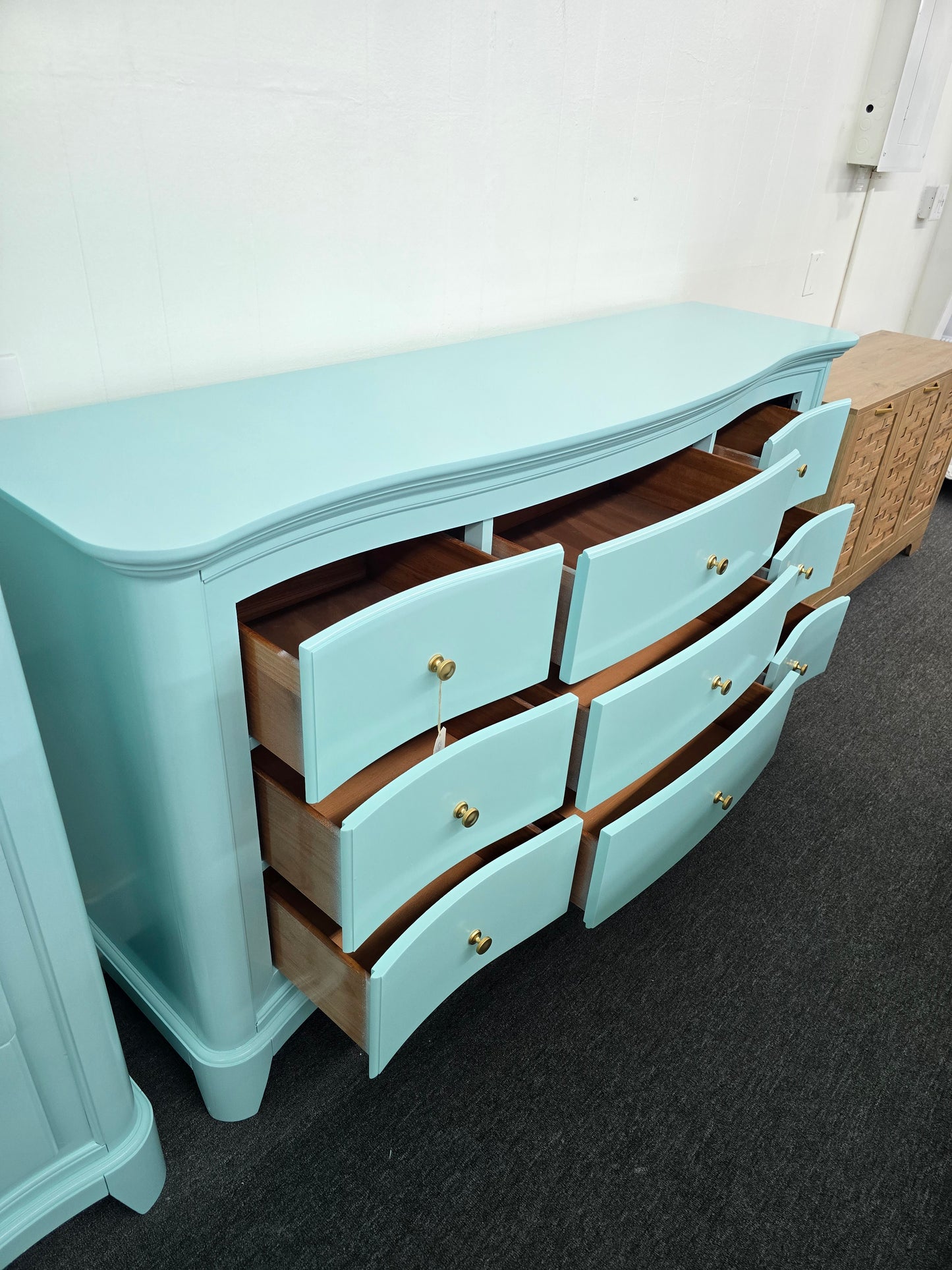 Solid wood blue Lacquered curved dresser