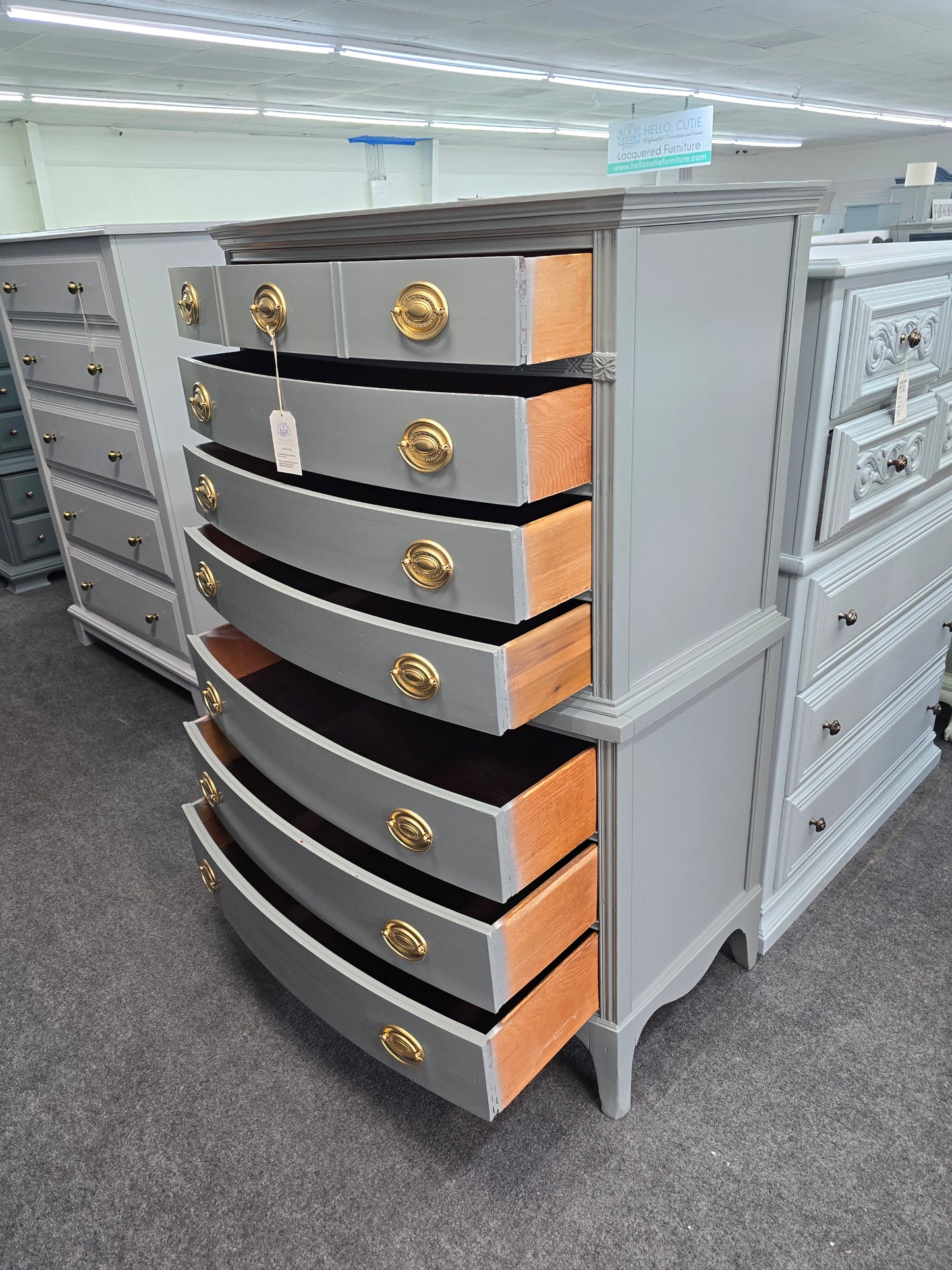 Solid wood bowfront gray greenish chest
