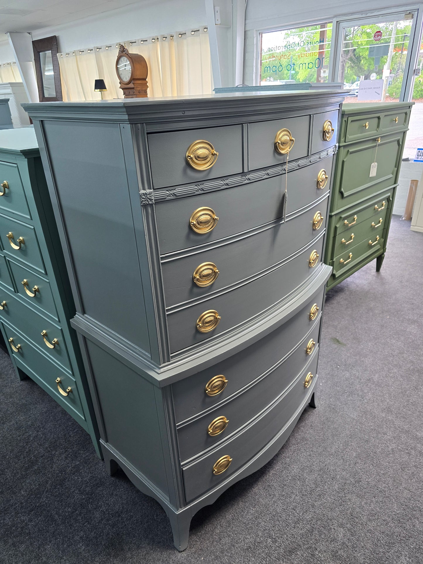Solid wood bowfront gray greenish chest