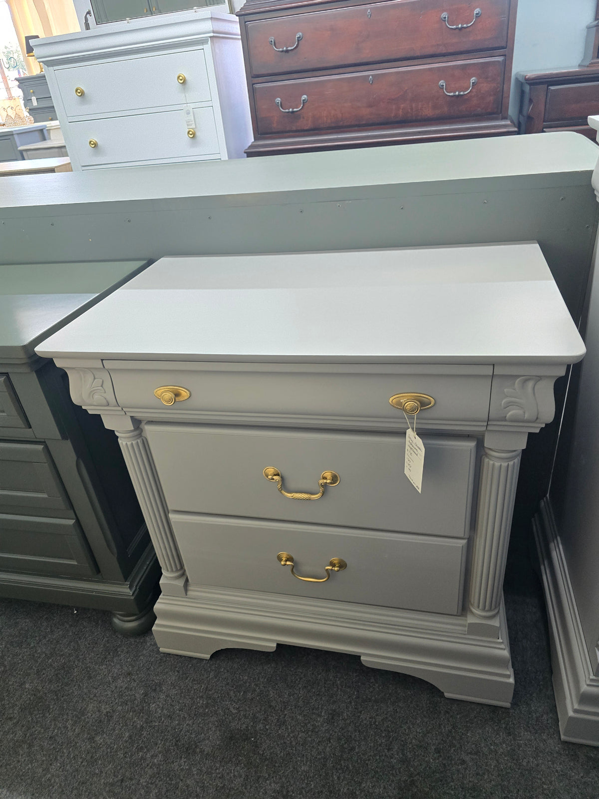Solid wood 3 drawers gray nightstand