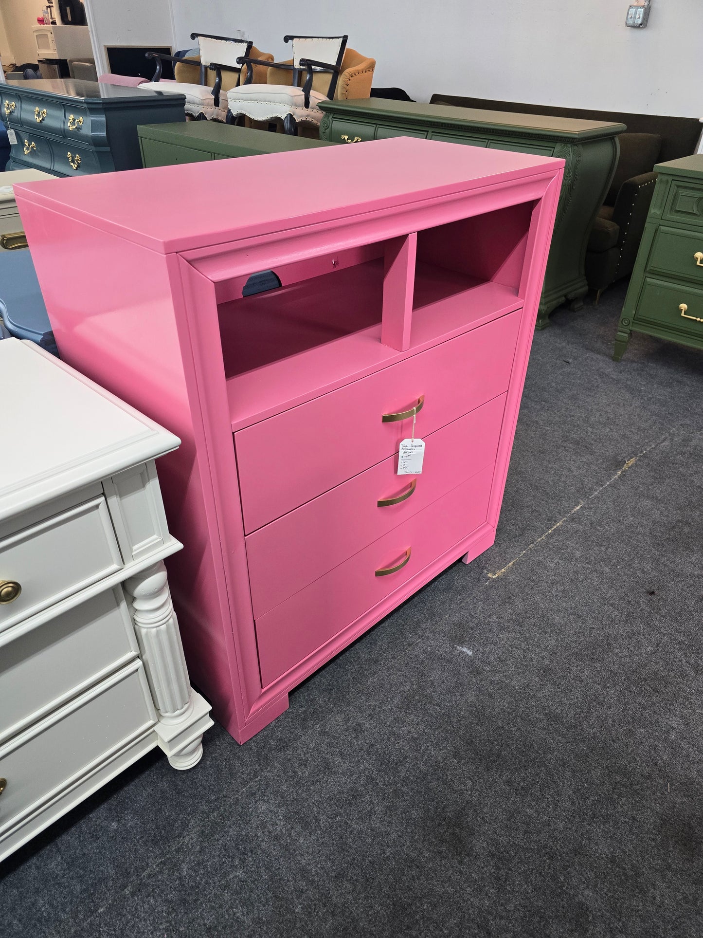 Super cute pink lacquered 3 drawers dresser